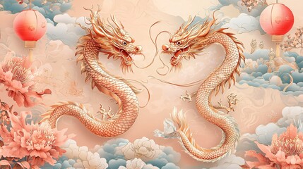 Fototapeta premium 9.A festive Chinese New Year banner featuring a pair of dragons winding through the sky, their bodies adorned with detailed golden scales. The background is filled with auspicious clouds, floral
