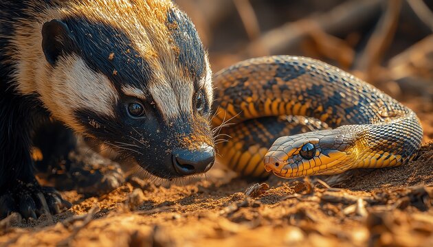Fierce honey badger facing off against snake