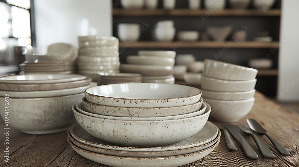 Poster a collection of rustic kitchenware, featuring various ceramic bowls and plates arranged neatly on a 