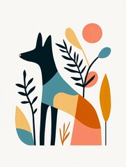 Naklejka premium Minimalist Handdrawn Illustration of a Dog Amidst Nature Digital Art Calm Environment Artistic Viewpoint Modern Concept