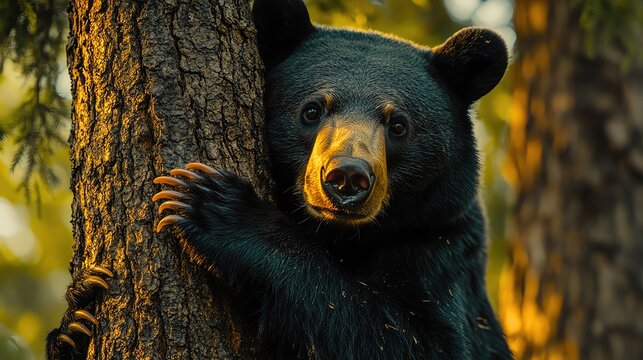 Giant sequoia with black bear climbing trunk