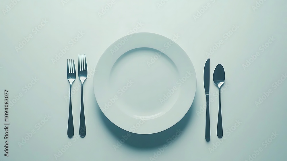 Poster a minimalistic dining setup featuring a white plate and utensils arranged neatly on a light surface.