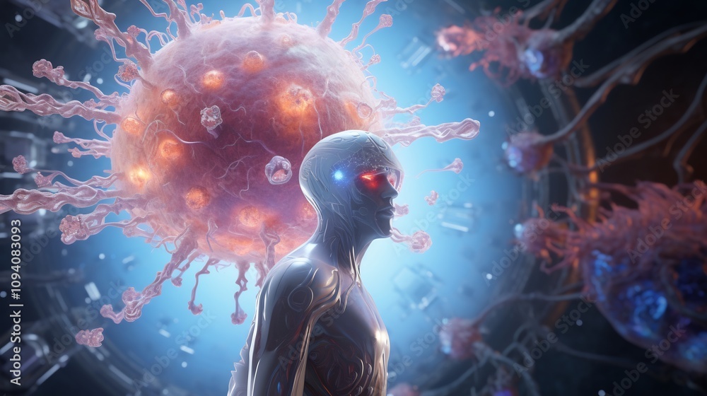 Poster animated 3d character discussing immunity with microscopic viral particles