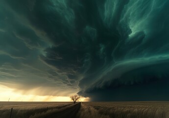 Dramatic Sky Over Open Field with Dark Storm Clouds and Isolated Tree at Sunset, Captivating Natural Scene of Power and Beauty in Rural Landscape