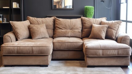 Fototapeta premium Luxurious Brown Sectional Sofa for a Stylish Living Room