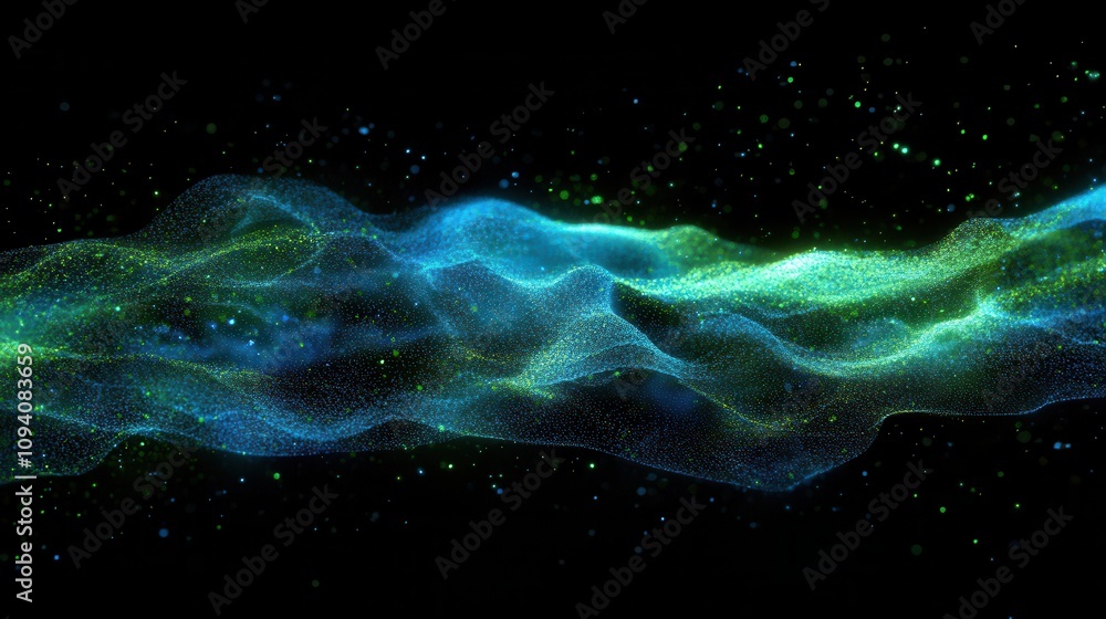 Poster abstract representation of waves and particles in a dark, cosmic environment.