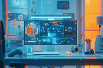 Creativity modern work space with computer showing formula math analysis. Technology and software development concept.	
