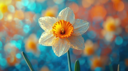 Fototapeta premium Daffodil flower in full bloom, with a surreal, pixelated dizzy effect swirling in the background.