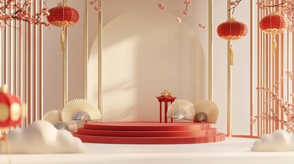 32.A festive Chinese New Year banner showcasing a red podium, adorned with golden ingots, elegant folding fans, and traditional lanterns. The backdrop is a light beige, with subtle cloud motifs in