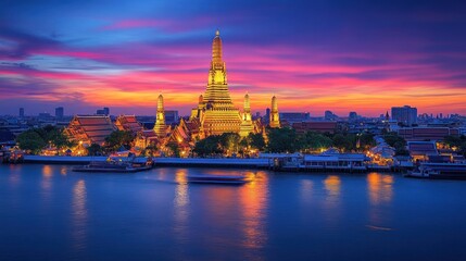 Obraz premium Close up of the famous Buddhist Temple Wat Arun at dusk with boat traffic on the Chao Phraya River, Bangkok, Thailand. Ai generated image