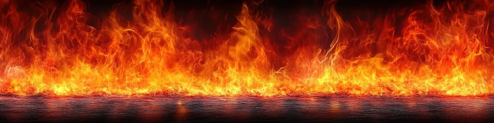 Fototapeta premium Flames blaze horizontally with vivid orange and yellow tones reflecting on a dark surface, creating a fiery and intense visual ideal for heat and energy-themed designs.