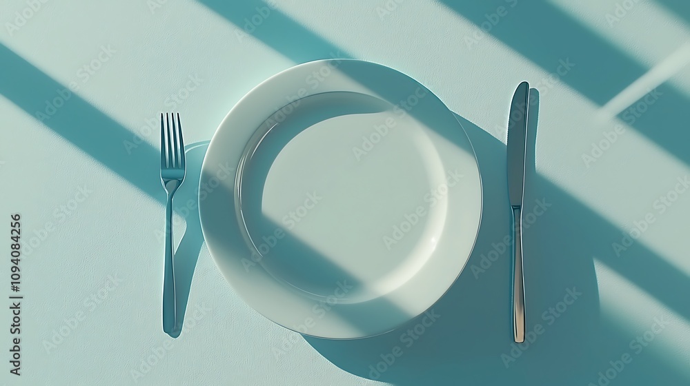 Aufkleber a minimalistic table setting featuring a round plate with a fork and knife, illuminated by soft shad
