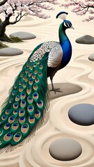 A peacock with its beautiful feathers, in a Japanese Zen gardem with cherry blossoms tree and flowers, raked sand, smooth stones, calming painting art