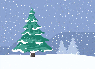 Winter Landscape with a Fir Tree Full of Snow Vector Illustration. Beautiful scenery in wintertime snowy season 
