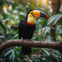 Obraz premium A toucan perched on a tree branch, its colorful beak glowing in soft light.