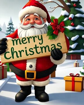 illustration Santa Claus walking and holding a Merry Christmas sign