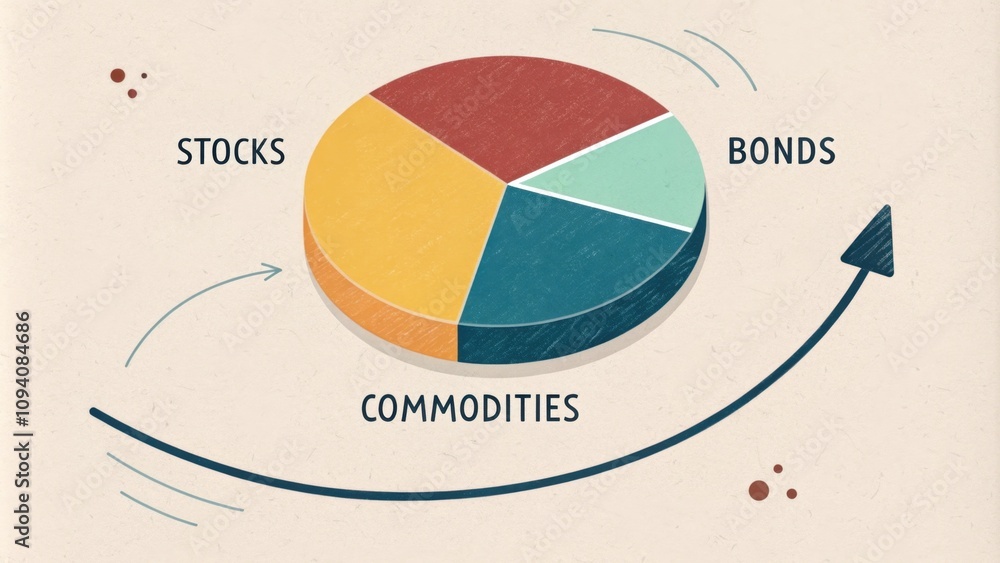 Poster a pie chart divided into segments labeled stocks bonds and commodities with an arrow indicating move