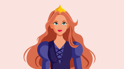 Portrait of a Beautiful Queen with Golden Crown Vector Cartoon. Graceful princess wearing medieval dress and accessories 
