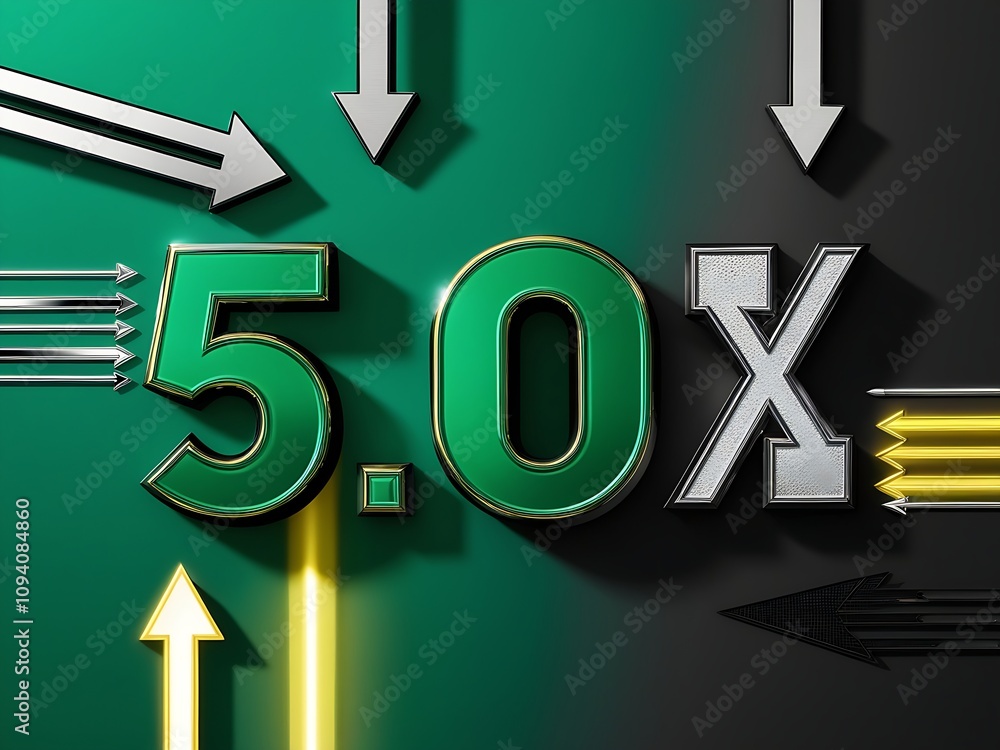 Poster 3d rendering of 5.0x with arrows pointing in different directions, depicting growth, progress, and m