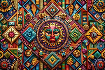 Fototapeta premium Vibrant African Tribal Symbols and Geometric Shapes - Abstract Doodle Decoration Set Featuring Colorful Mayan Hand-Drawn Ethnic Boho Elements for Unique Cultural Artistry