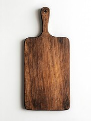 A rustic wooden cutting board with a handle, featuring a textured surface and a warm, earthy tone.