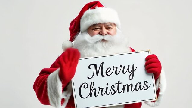Santa Claus holding a Merry Christmas sign isolated on white background