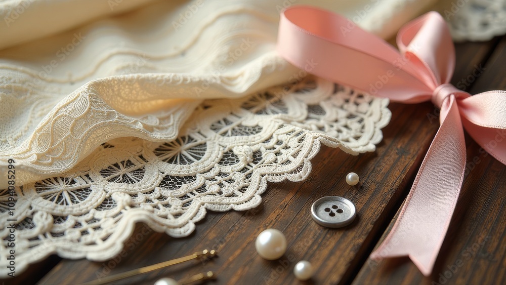 Poster a white lace fabric with a bunch of buttons and pearls on it
