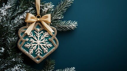 A festive Christmas ornament dangles from a snow-covered tree, capturing the holiday spirit in a serene winter scene.