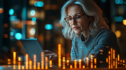 Mature businesswoman looking at a laptop computer screen analyzing sales charts data , caucasian woman in finance working on KPI reports analysis