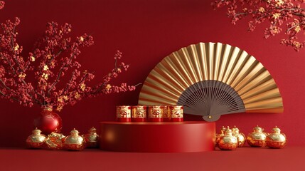 60.A 3D illustration showcasing a dark red and gold podium for Chinese New Year-themed product display, accompanied by a large paper fan and golden ingots. The rich red backdrop enhances the festive