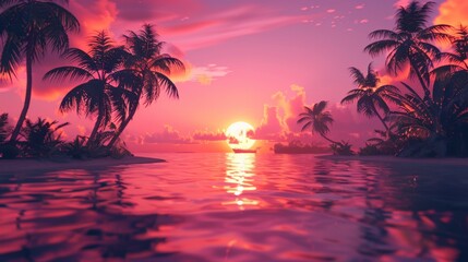 Tropical Sunsets: A mesmerizing mix of orange, pink, and purple hues as the sun sets over calm waters, creating a serene tropical view.
