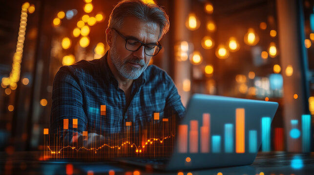 Mature businessman looking at a laptop computer screen analyzing sales charts data , caucasian man in finance working on KPI reports analysis