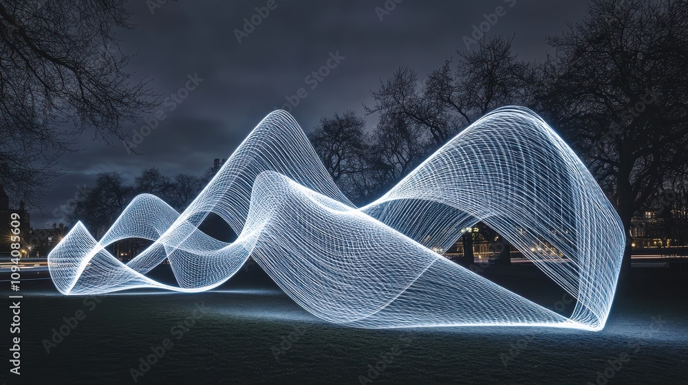 Poster a mesmerizing light installation creating flowing wave patterns in a night landscape.