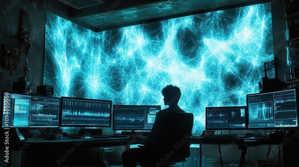 Poster hacker working late cybersecurity network data digital world teal light