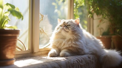 Chubby Persian Cat Stretching Lazily in Sunlit Window Scene