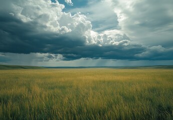 Obraz premium Expansive Field Under Dramatic Skies with Stormy Clouds and Sunlight Breaking Through, Capturing the Beauty of Nature's Untamed Landscapes