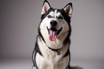 Obraz premium Playful Black and White Husky Dog Sticking Its Tongue Out in Studio View