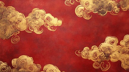 73.A Chinese New Year background featuring golden cloud patterns in a seamless, repeating design. The backdrop is a deep red, highlighting the ornate gold clouds that flow elegantly across the scene.