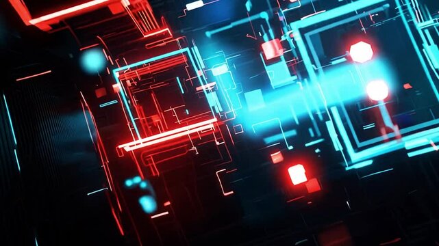 Abstract digital pattern of glowing red and blue squares