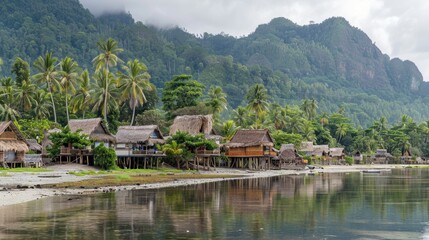 Naklejka premium Tropical Villages: Small, picturesque communities with stilted houses, bustling markets of fresh produce, and friendly locals, creating a peaceful tropical atmosphere. 