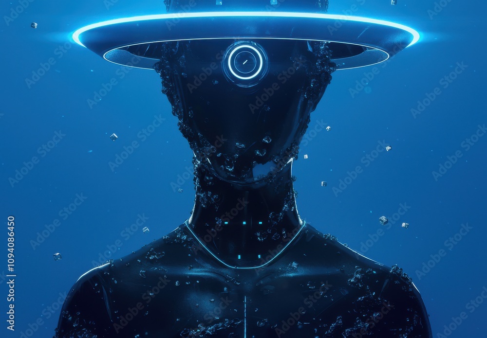 Aufkleber futuristic abstract representation of a figure with sci-fi elements and floating particles in a blue