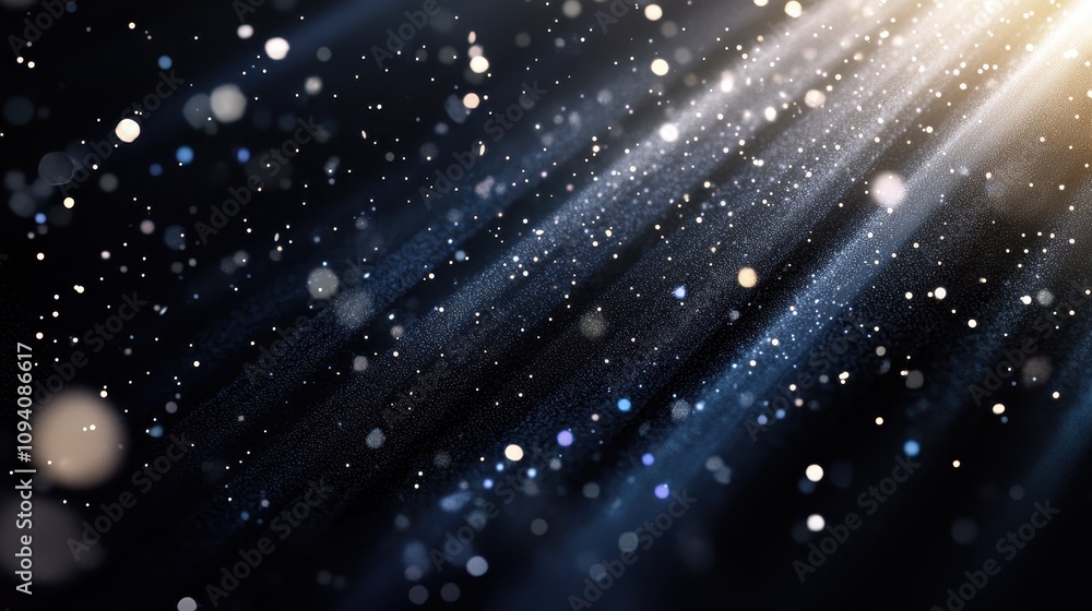 Poster a mesmerizing display of light rays and floating particles against a dark background.