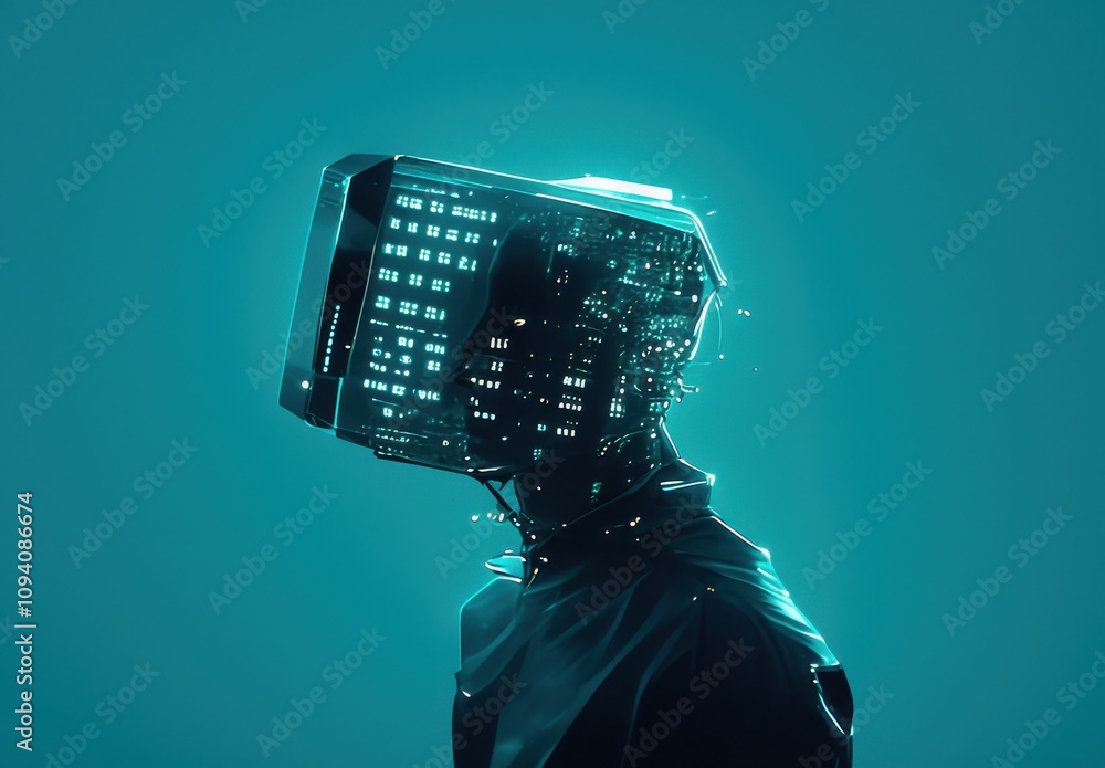 Poster futuristic portrait of a person with a glowing digital helmet surrounded by abstract data particles 