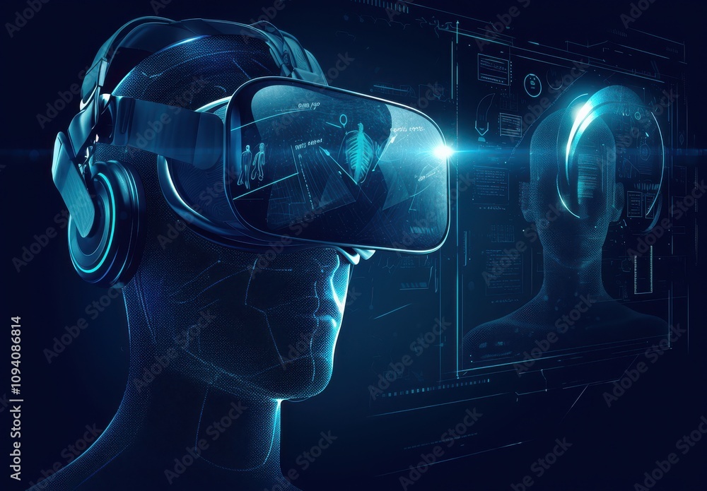 Poster futuristic virtual reality scene with headset and visual display representing immersive technology e