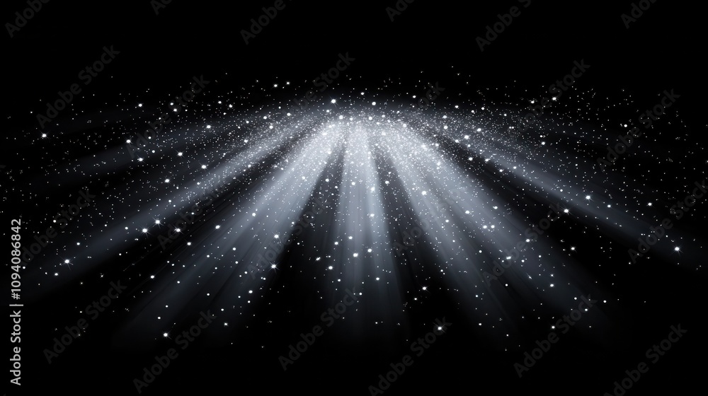 Poster a mesmerizing display of light rays and sparkling particles against a dark background.