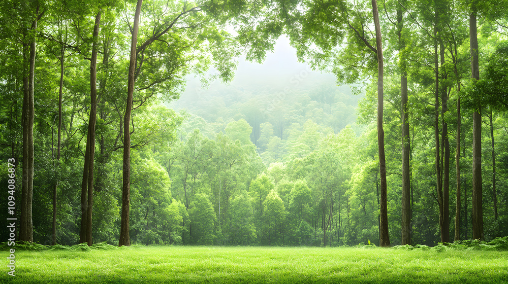 Aufkleber a serene forest scene with lush green trees and soft fog, creating a peaceful and tranquil atmospher