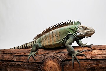 Naklejka premium Iguana Lounging on a Log Against a White Background