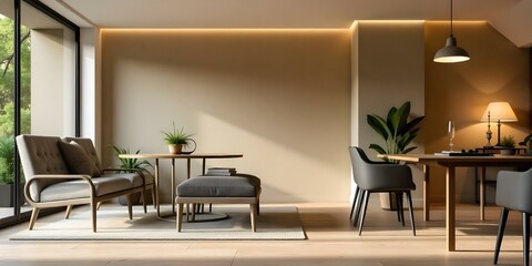 A modern dining room with a wooden table and black chairs, a pendant light, and potted plants against a beige wall