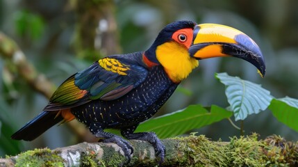 Fototapeta premium Tropical Birds: Macaws, parrots, and hornbills with bright colors, often inhabiting lush forests, represent the vivid beauty and biodiversity of tropical ecosystems. 