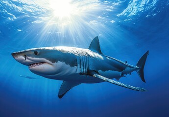 Fototapeta premium Majestic Great White Shark Gliding Through Crystal Clear Ocean Waters Under Radiant Sunlight with Bubbles and Distorted Light Rays Creating an Enchanting Underwater Scene